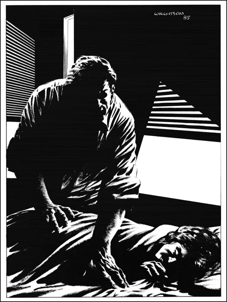 Bernie Wrightson's art for The Stand with a man bending over a woman.