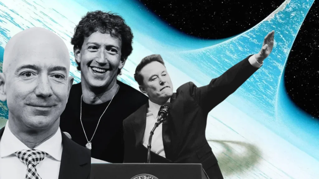 Bezos, Musk, and Zuckerberg standing in front of an orbital from Iain M. Banks' The Culture.