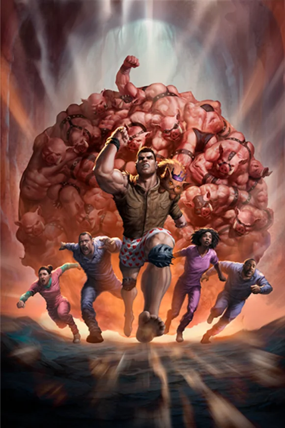 Illustration of Carl in heart-print boxers with Princess Donut on his shoulder, leading a group of terrified survivors in pajamas as they flee a towering wall of chained pig monsters.