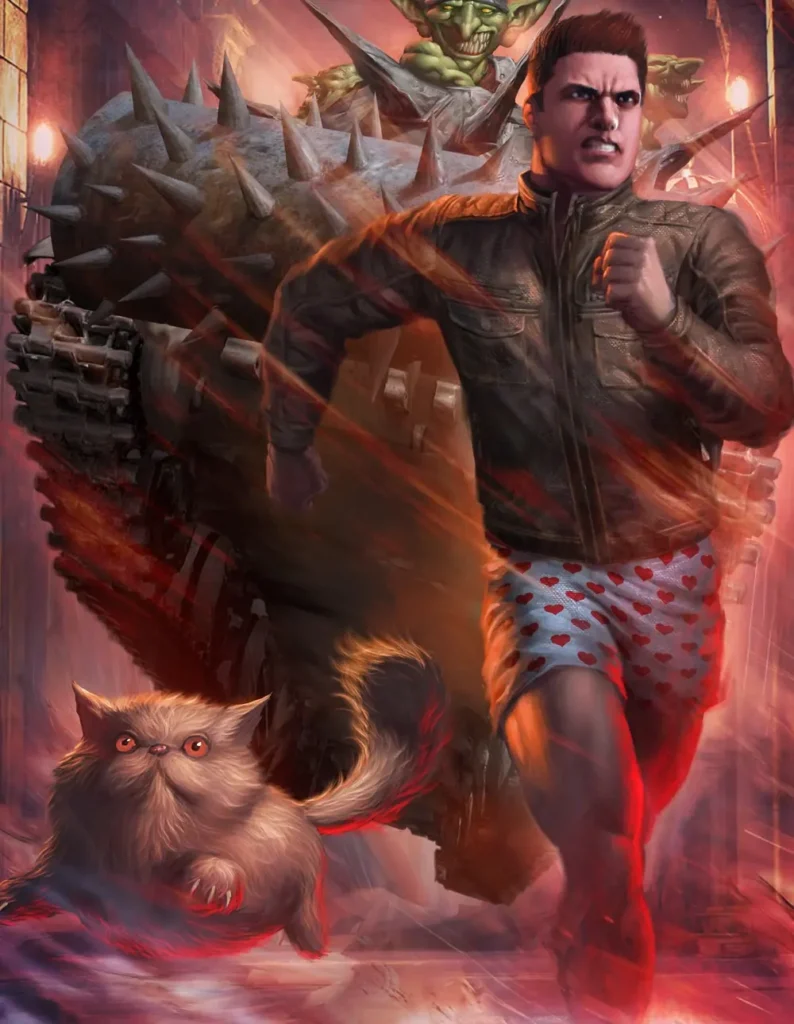 Cover art for Dungeon Crawler Carl: a grim-faced Carl in a leather jacket and heart-print boxer shorts sprints ahead of a giant spiked rolling juggernaut, with the fluffy cat Princess Donut running beside him and goblins clinging to the machine.