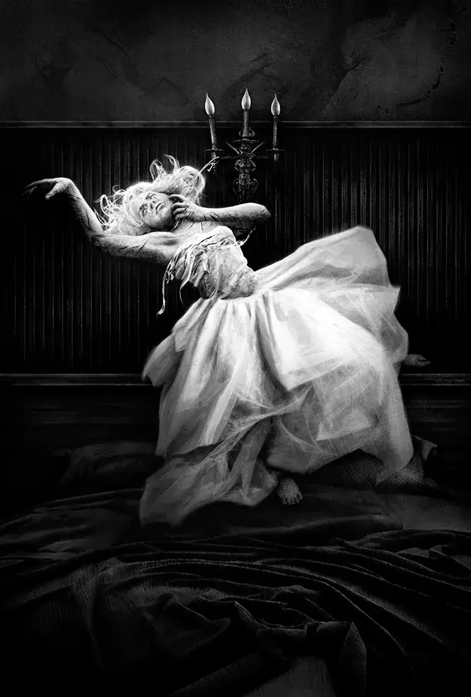 A barefoot woman in a torn white gown arches sharply backward as if pulled, caught mid-fall beside a candlestick in a dark wood-paneled room.