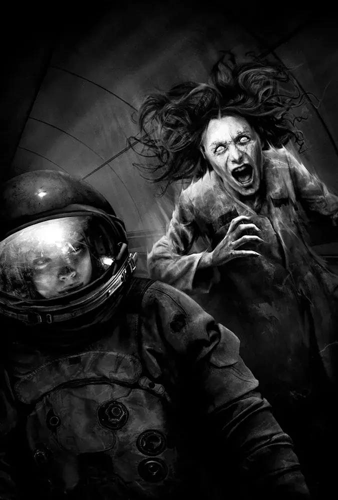 An astronaut in a spacesuit stares blankly ahead while behind her, in a curved corridor, a ragged screaming woman with white eyes lunges forward, her hair splayed out in zero gravity.