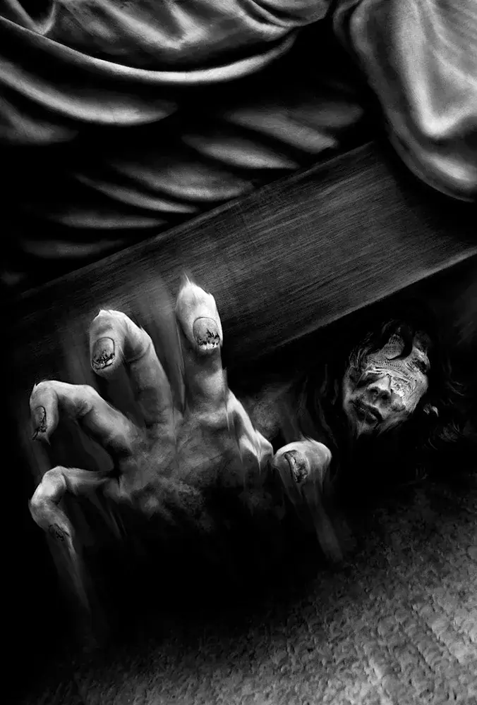 A gaunt, clawed hand and a hollow-eyed face reach out from the darkness beneath a bed toward the viewer.
