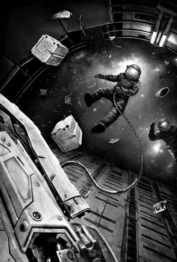 Two spacesuited figures and loose cargo crates float weightless inside a ship's ring-shaped chamber that opens onto the stars overhead.