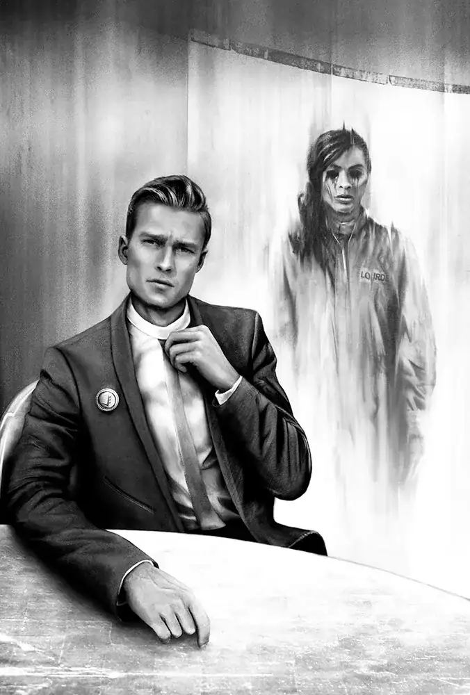 A composed young man in a suit adjusts his tie at a table, and behind him the faint, weeping ghost of a woman in a jumpsuit stands watching.
