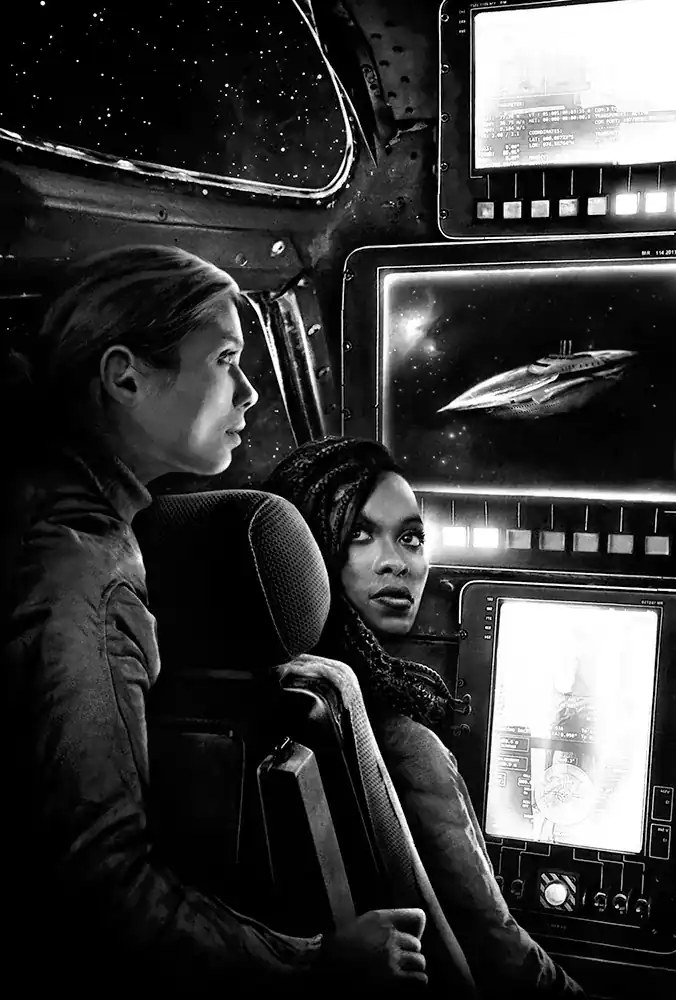 Two crew members sit at a spaceship control console in black and white; on the main viewscreen a large derelict passenger liner drifts against a field of stars.