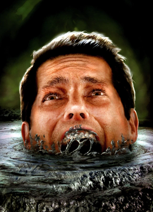 Illustration of a man's terrified face sinking beneath dark muddy water, his open mouth clogged with mud as he goes under.