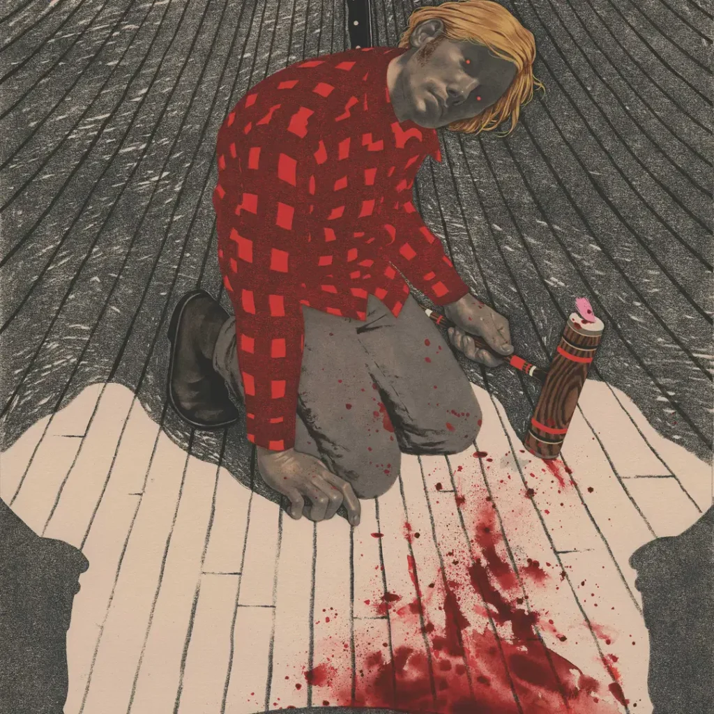 Jack covered in blood by Edward Kinsella for The Folio Society's The Shining.