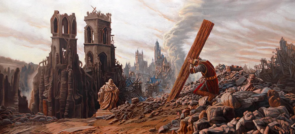 Cover art for Last Argument of Kings: a red-robed man kneels on a field of rubble, hunched under the weight of a huge wooden beam on his back, before a ruined gothic cathedral and a burning, smoke-wreathed city.