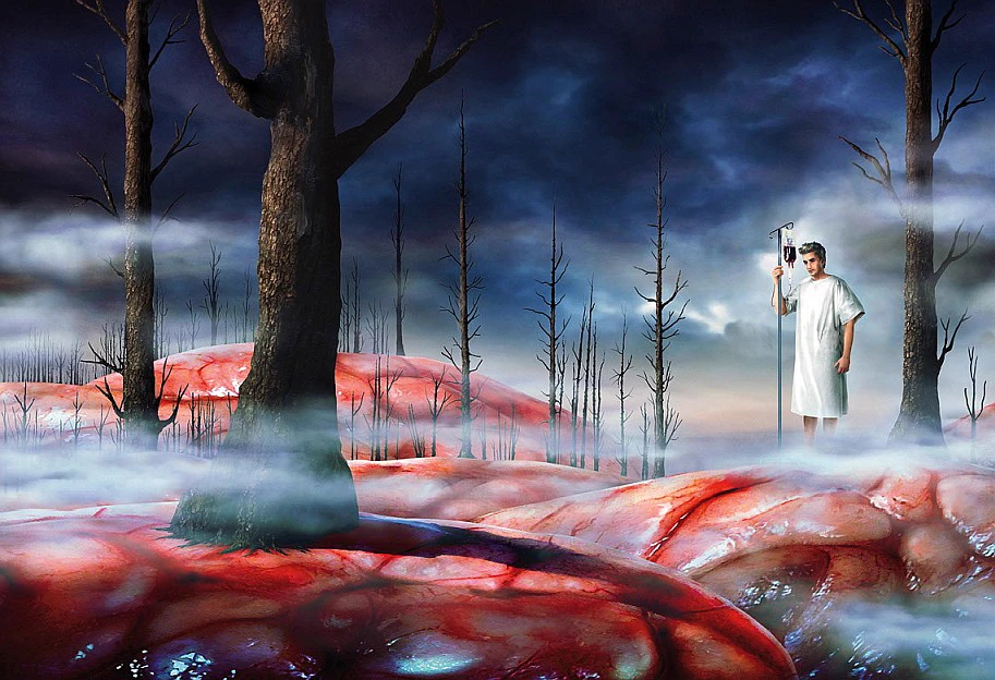 Illustration of a young man in a hospital gown holding an IV drip stand, standing in a misty landscape of bare dead trees rising from glistening red brain-like ground.