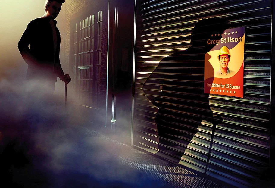 Illustration of a shadowy man leaning on a cane in a misty alley, facing a shutter with a campaign poster that reads 'Greg Stillson, Candidate for US Senate' and shows a smiling man in a yellow hard hat.