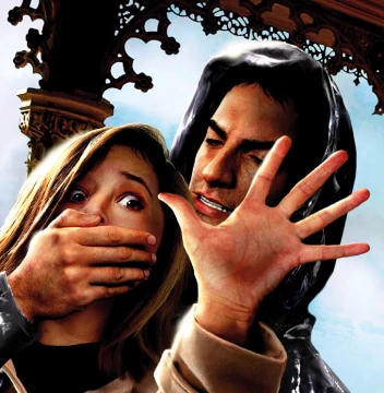 Illustration of a hooded man attacking a frightened blonde woman from behind, one hand clamped over her mouth, a park gazebo behind them.