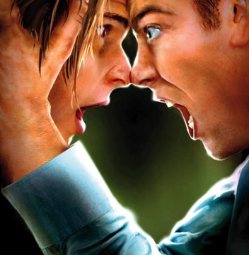 Illustration of a man and a woman face to face, foreheads nearly touching, both shouting, against a green-lit background.