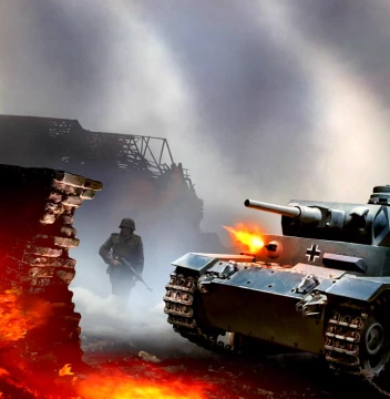 Illustration of a World War II German tank marked with an iron cross firing through smoke as a soldier walks past burning wreckage on a scorched battlefield.