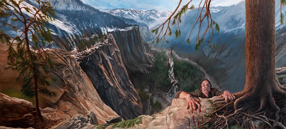 Wraparound cover art for The Blade Itself: a vast mountain gorge with waterfalls and pine trees, and in the lower right a wild-eyed man with bloodied hands dragging himself over a rocky ledge.