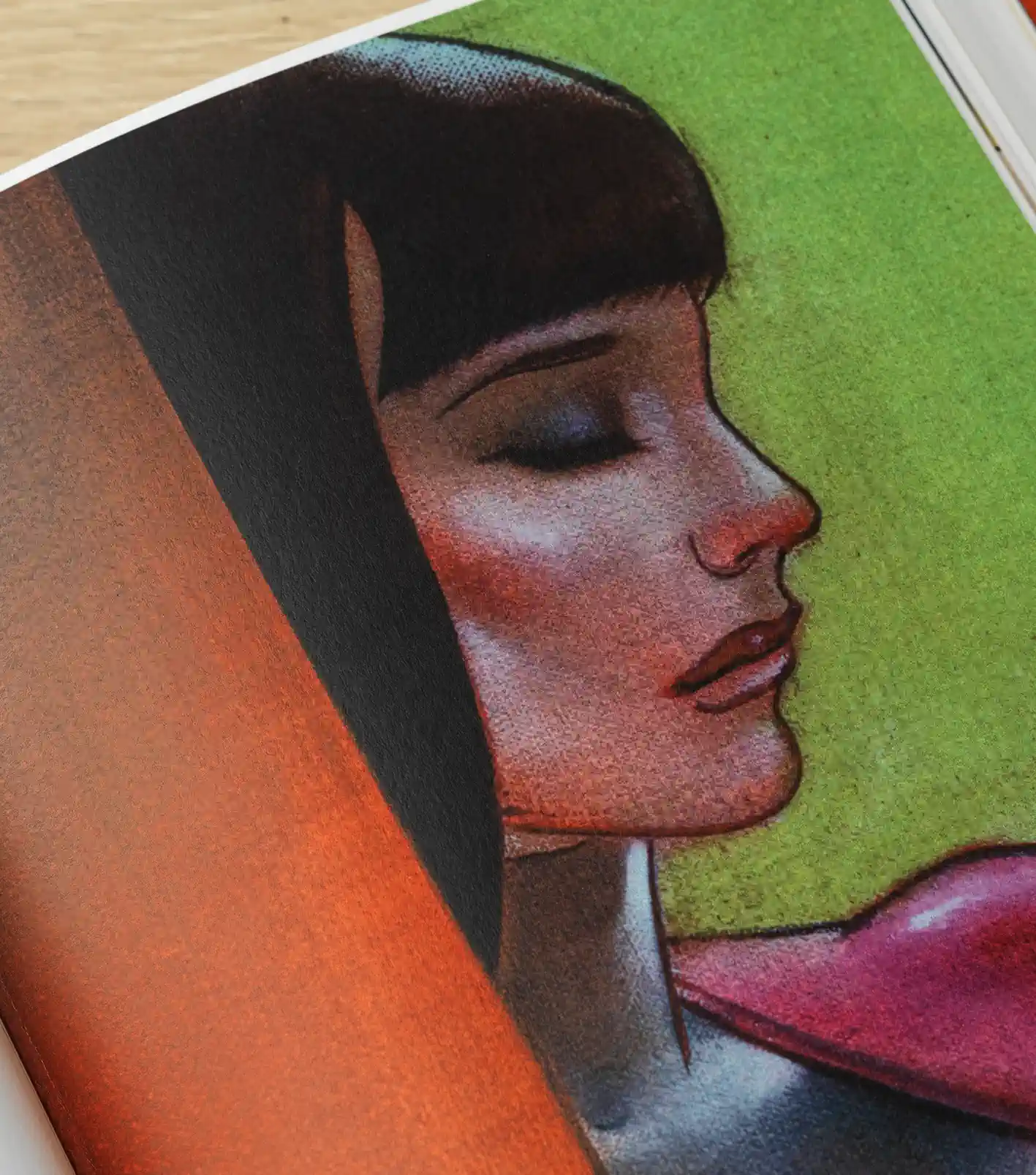 An Allen Jones illustration from the Areté Editions Brave New World: a woman shown in profile with a sharp black bob and closed eyes, her lips parted, set against a background split between olive green and burnt orange.