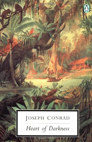 Cover of Joseph Conrad's Heart of Darkness, the Penguin Twentieth Century Classics edition, showing a painted tropical river scene with palms, hanging vines, a thatched hut on the far bank, and figures in a canoe.