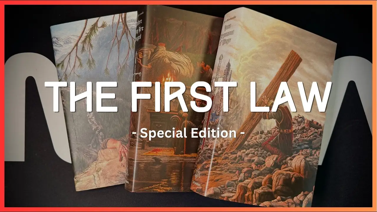 The Lit Escalates First Law trilogy special edition, three dust jackets by Joel Daniel Phillips standing side by side, Mysterious Galaxies video thumbnail