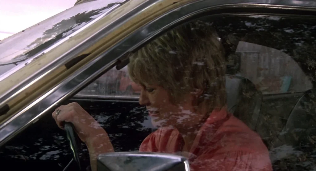 Dee Wallace as Donna Trenton, sweating and exhausted behind the Pinto's driver's side window in the 1983 film Cujo.