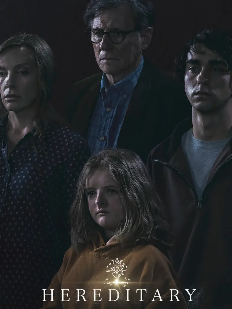 Poster for Hereditary, a grim-faced family of four standing in the dark.