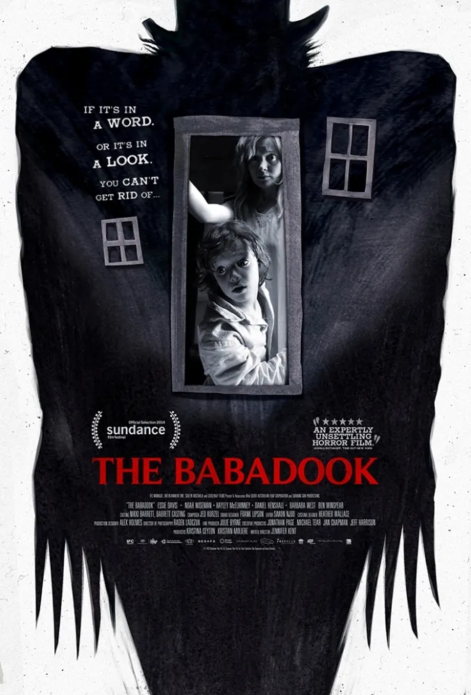 Poster for The Babadook, a black top-hatted silhouette with a mother and son framed in a window at its center.