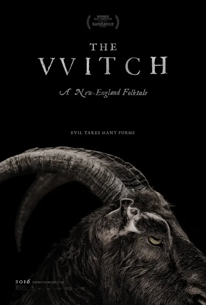 Poster for The Witch: A New-England Folktale, a black goat's horned head emerging from darkness.